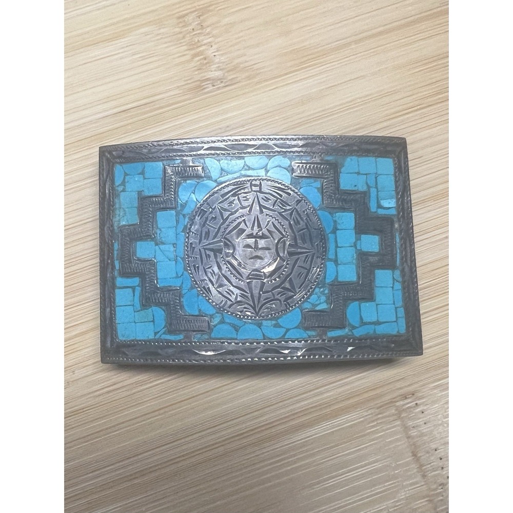 Mexican Aztec Calander Medallion Turquoise Inlay Sterling Silver Belt Buckle 925